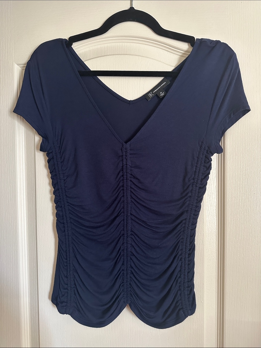 INC International Concepts Navy V-Neck Ruched Short Sleeve Top